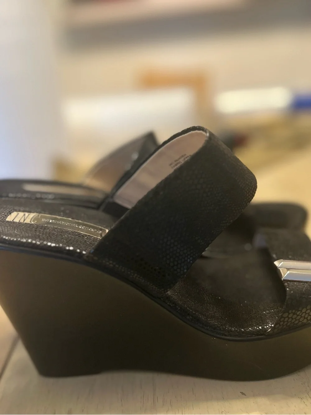 INC International Concepts Black Textured Wedge Slide Sandals